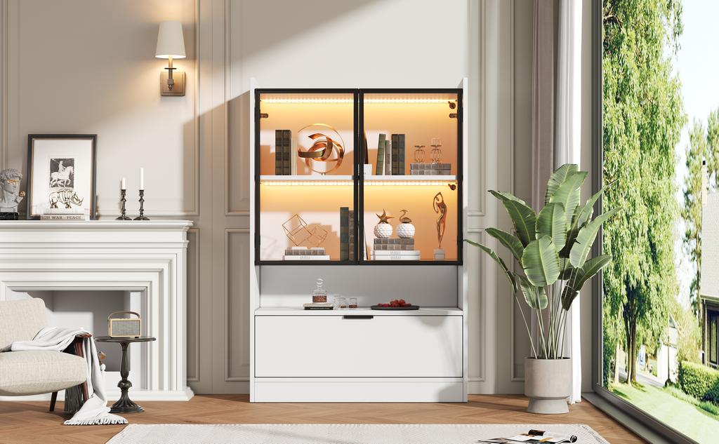Moderner LED-Ausstellungsschrank Höhe 120cm mit LED-Beleuchtung, Wohnzimmerschrank mit Glastüren und Falttür, Spanplatten-Ausstellungsschrank, Weiß