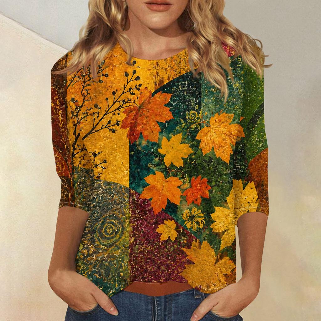 Women's Fashion 3/4 Sleeve Round Neck Top with Maple Leaf Print for Casual Wear