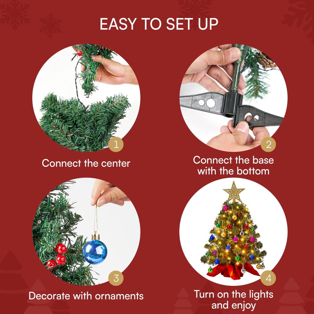 Joyfy Inch Mini Christmas Tree Lights Prelit Artificial Decorations Holly Berries Pine Cone Light Up 24 with Kid Friendly Entertaining Fun Play Safe