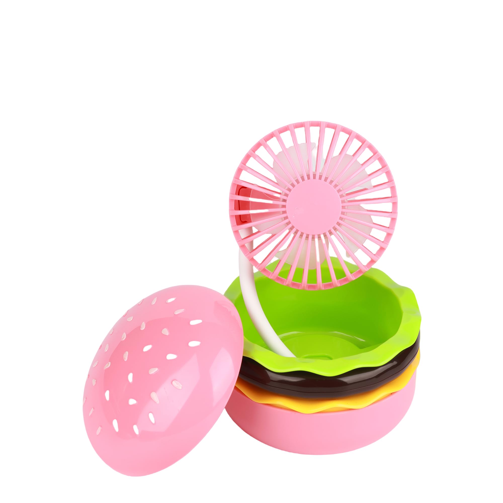 

handheld portable belt USB portable fan Hamburger-shaped fan, fan, 360-degree rotation, rechargeable, Type-C connection, multi-function, (pink)