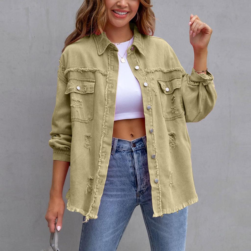 Womens Denim Jacket Button Down Shirts Distressed Frayed Coat With Pockets