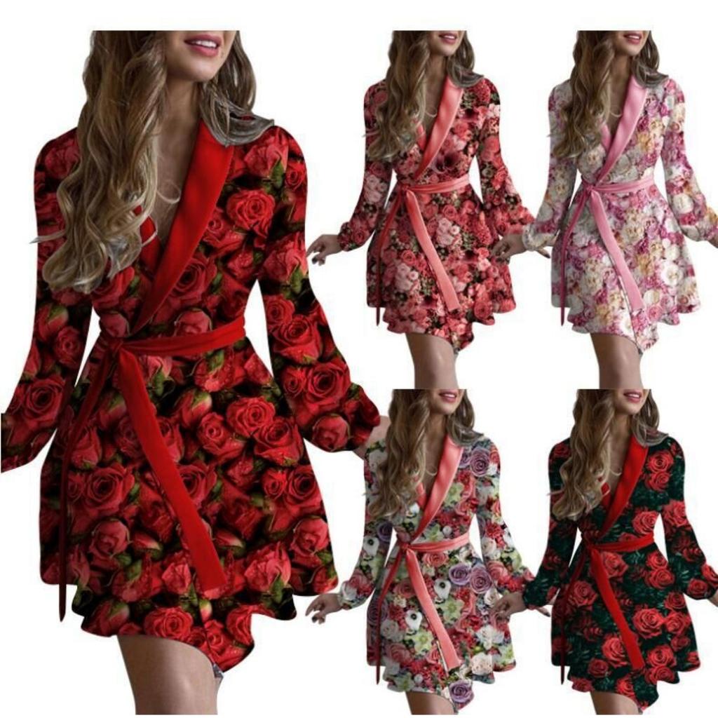 Turndown Collar Print Flower Dress Waist Hugging Elegant Lace Up Dress for Women Long Sleeve Loose Dresses Causal Backless Dress