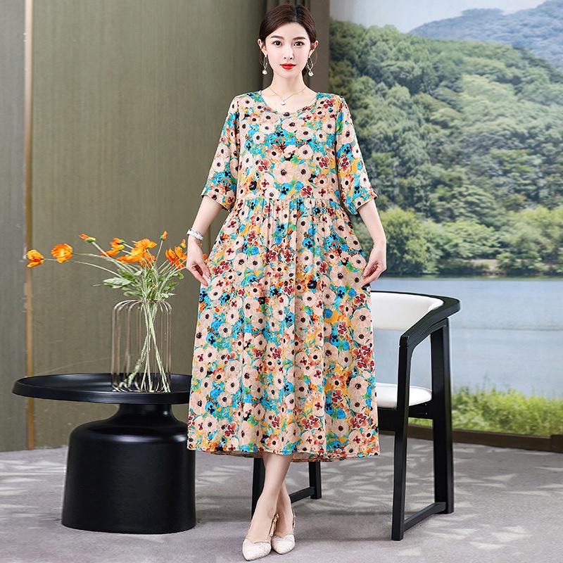 Women's Round Neck Five-Point Sleeve A-Line Floral Print Midi Dress Loose Casual Vintage Style Summer Daily Mom Long Dress