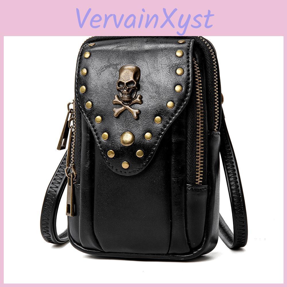 Small Crossbody Jierotyx Wallet Phone Bag Women Gothic Skull Purse Cell Phone Shoulder Bag Over Shoulder Strap Vintage Rivet