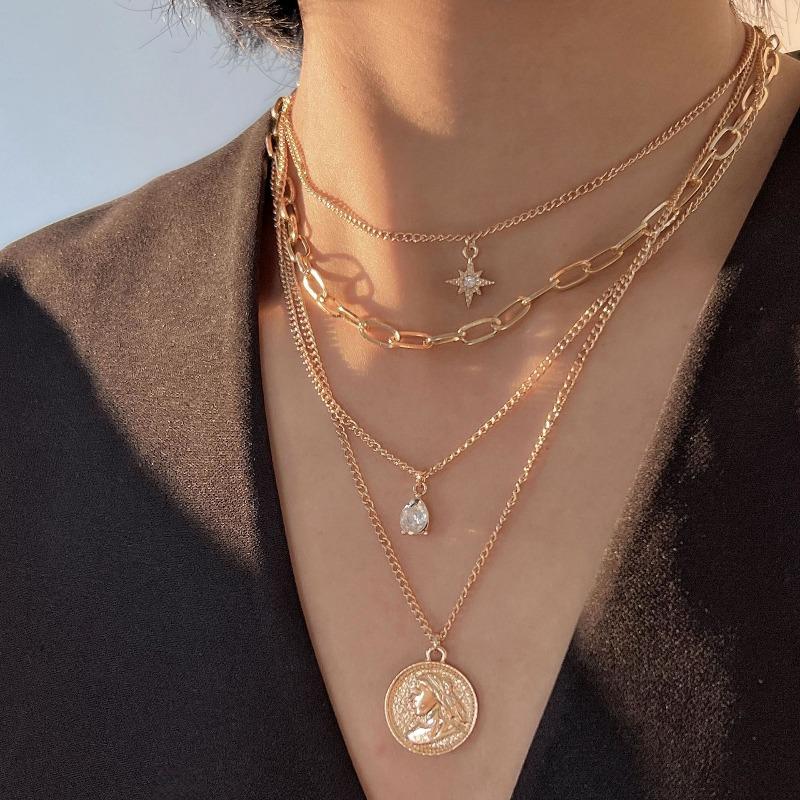 Necklace punk style street photography portrait coin pendant metal exaggerated thick chain multi-layer necklace