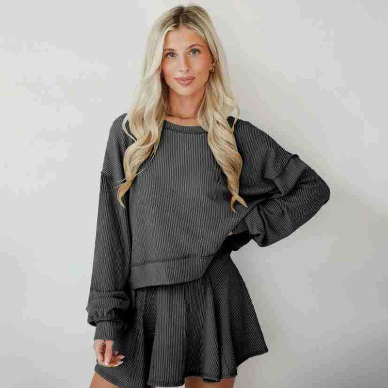 

Solid Color round Neck Neck Short Skirt Set Pure Color round Neck Long Sleeves Skirt Outfit Women Gray XL