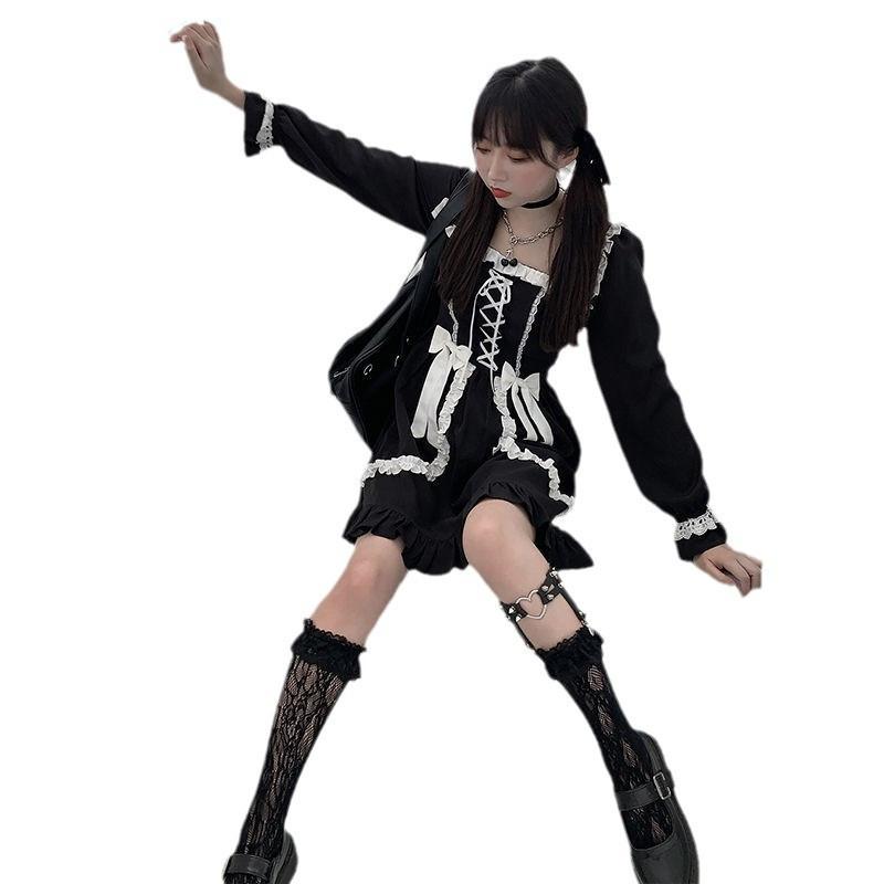 

Square Collar Waist Cinching Dress For Women, Black Slim Fit With Tied Bow, Long Sleeved A-line Light Lo Skirt