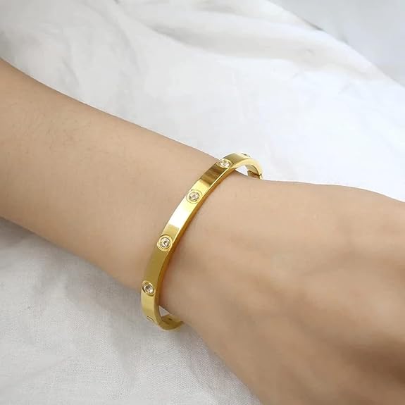 8K Gold Plated Stainless Steel Openable Crystal Cuff Bangle Bracelet for Mother Sister Wife Girlfriend