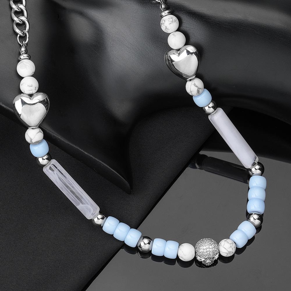 Trendy Titanium Steel Skull Necklace with Diamonds & Pearls for Couples
