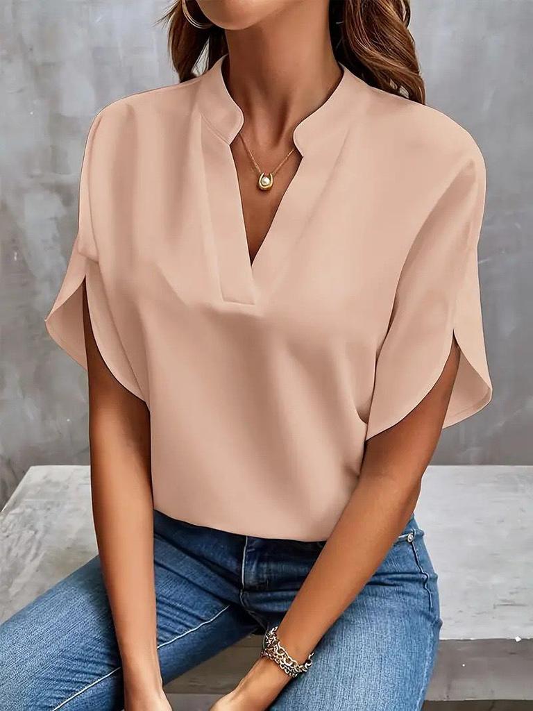 2024 Summer Fashion Women's V-neck Loose Solid Color Casual Top