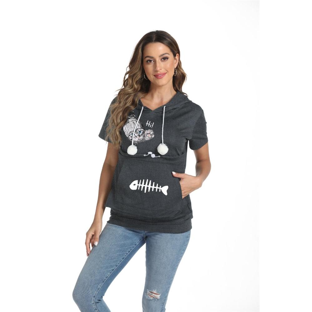 Women's summer short-sleeved large pocket cartoon printed casual drawstring hooded T-shirt