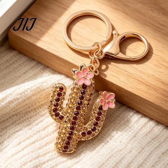 Purse Charm Accessory Bling Rhinestone Cactus Keychain, Pink Flower Keychain Keyring Pendant, Handbags Backpacks