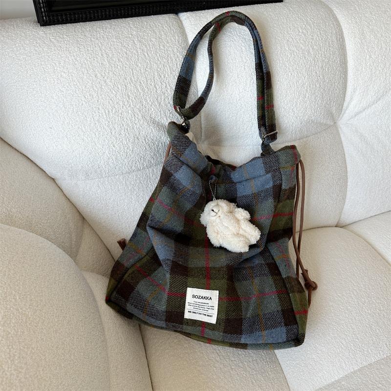 11 College woolen plaid drawstring backpack messenger bag large capacity shopping shoulder bag women