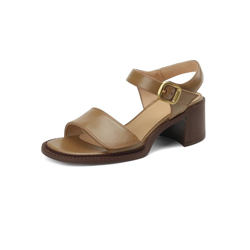 2024 New Square Toe Genuine Leather Sandals Woman Ladies Back Strap Slingbacks Shoes Buckle Square High Heel Sandals Women