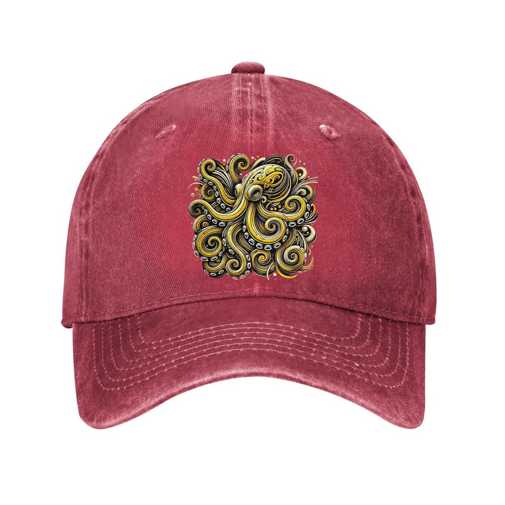Golden Octopus Graphic Baseball Cap Adjustable Washed Denim Outdoor Sun Protection Dad Hat