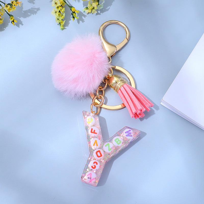 1PC Keyring Key Accessory Letter Filled Colourful Initial Pendant With Fluffy Keychain Glitter Tassel Charms For  Bags Backpacks