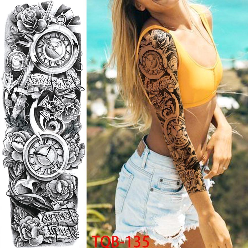 1 PC 480*170MM Full Arm Leg Temporary Tattoo Sticker for Women Men Waterproof Skull Compass Sexy  Tattoo Body Art Fake Flower Tattoo Paper Sticker