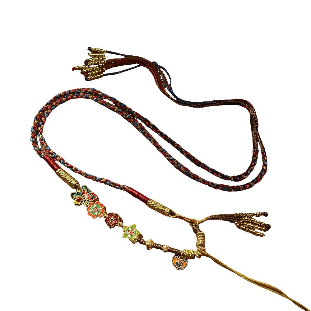 Tibetan Handmade Braided Thangka Pendant Amber Jade Tassel Necklace