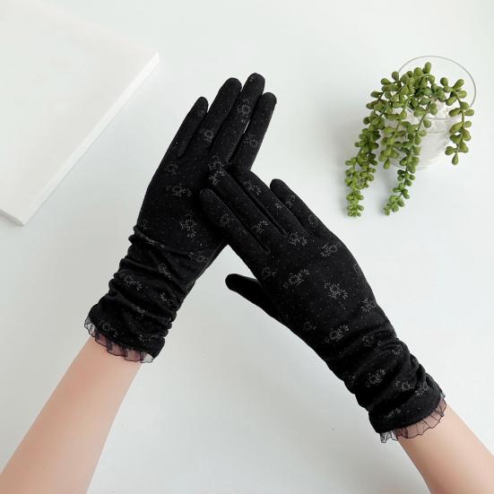 1 Pair Floral Print Anti-slip Palm Driving Gloves Full Finger Lace Stitching Wrist Extended Girls Outdoor Riding Sunscreen Mittens Cycling Accessories