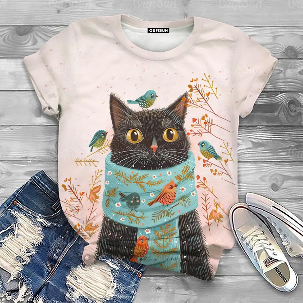 Cute Cartoon Cat Print Women's T-Shirts Top Short Pullover Sleeved Fashion Casual Style O-Neck Tee Shirt Female Clothing Summer