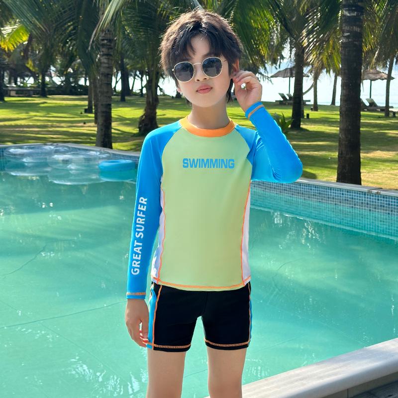 

Комплект купальников с длинным рукавом для мальчиков: Удобные плавки и раздельный верх для больших детей, стиль 2025 3XL (Height 130-145cm, Weight 27.5-37.5kg) синий/зелёный