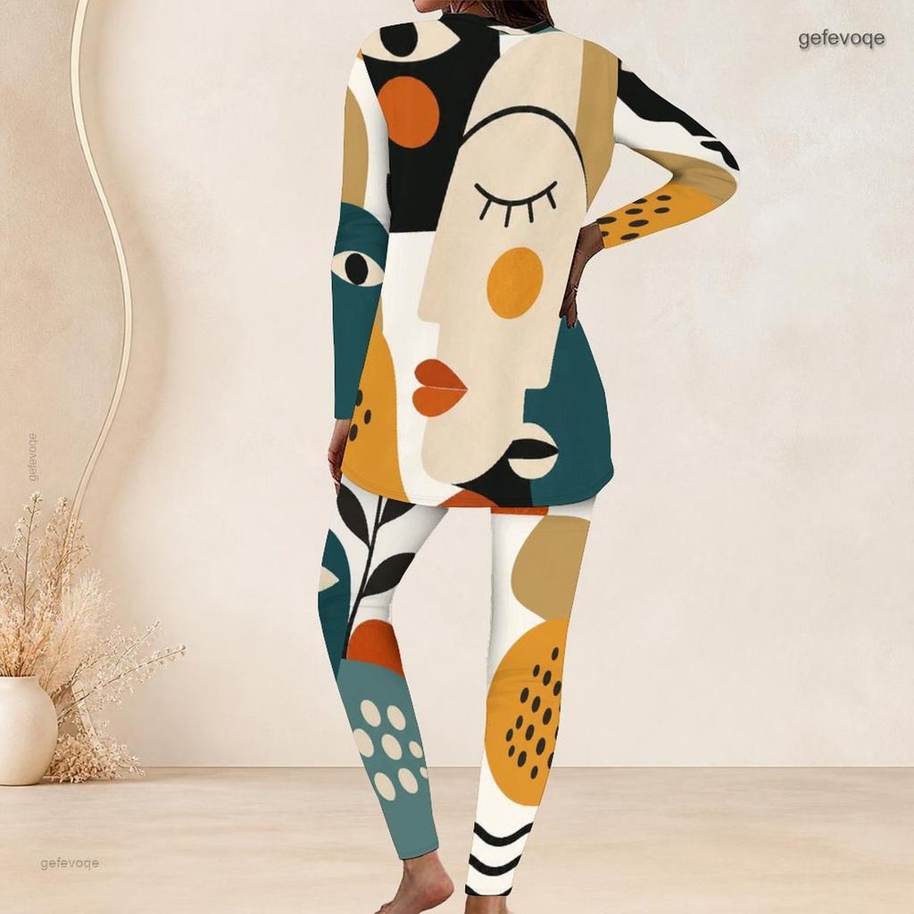 Women Plus Size Round Neck Long Sleeve Printed Longline Top And Fitted Pants Two Piece Set