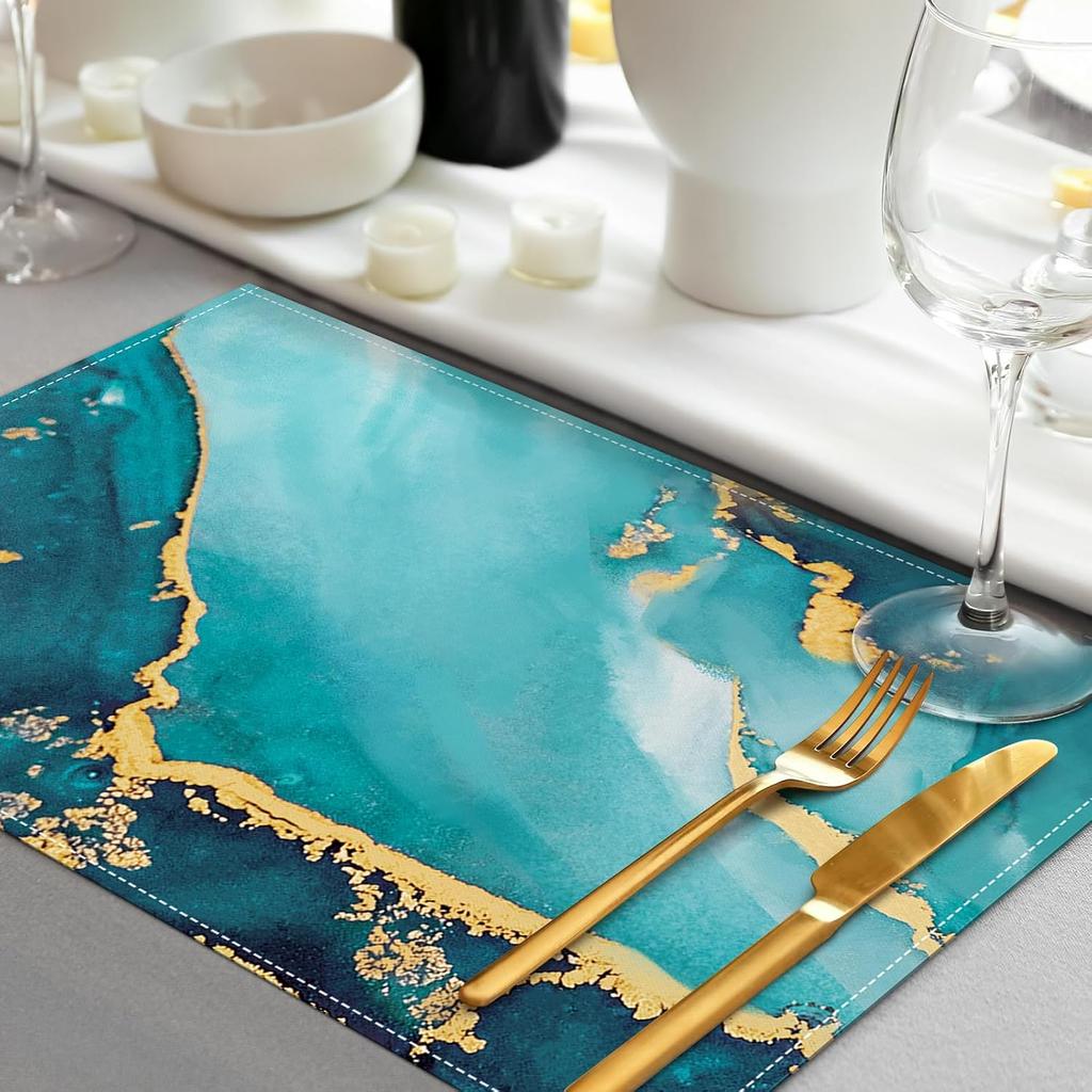Bonhause Turquoise Marble Placemats Set of 4, 12x18 Inch Teal Gold Modern Abstract Art Kitchen Dining Table Mats Washable Place Mats for Indoor