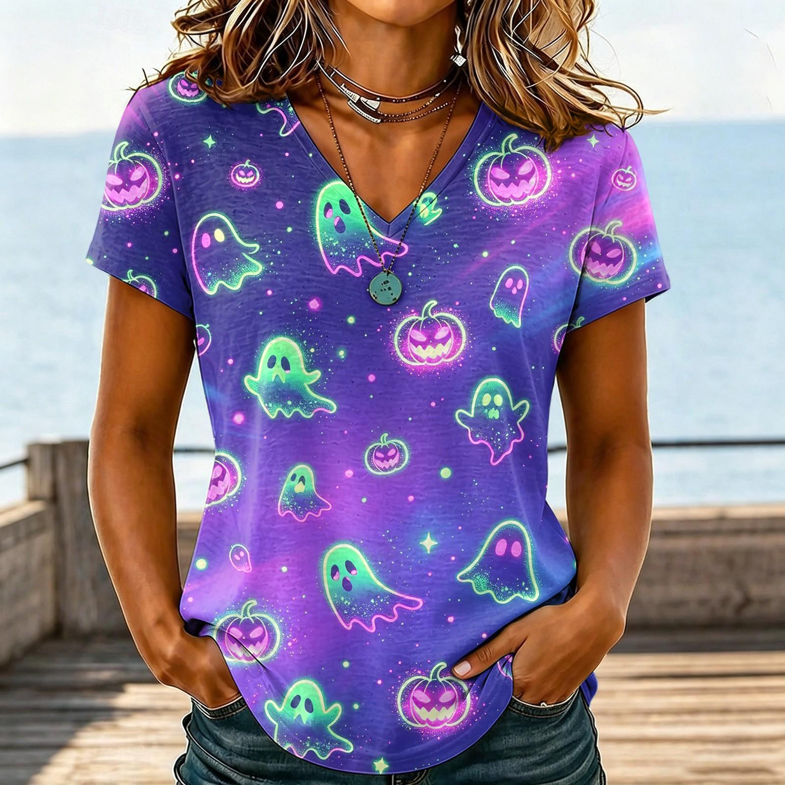 Women s fashion casual V-neck short-sleeved Halloween printed T-shirt top XL