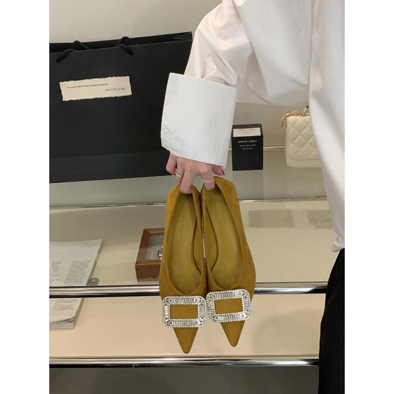 

2025 spring and autumn new fashion versatile French pointed high heels stiletto single shoes female cat heel temperament rhinestone 39 хаки