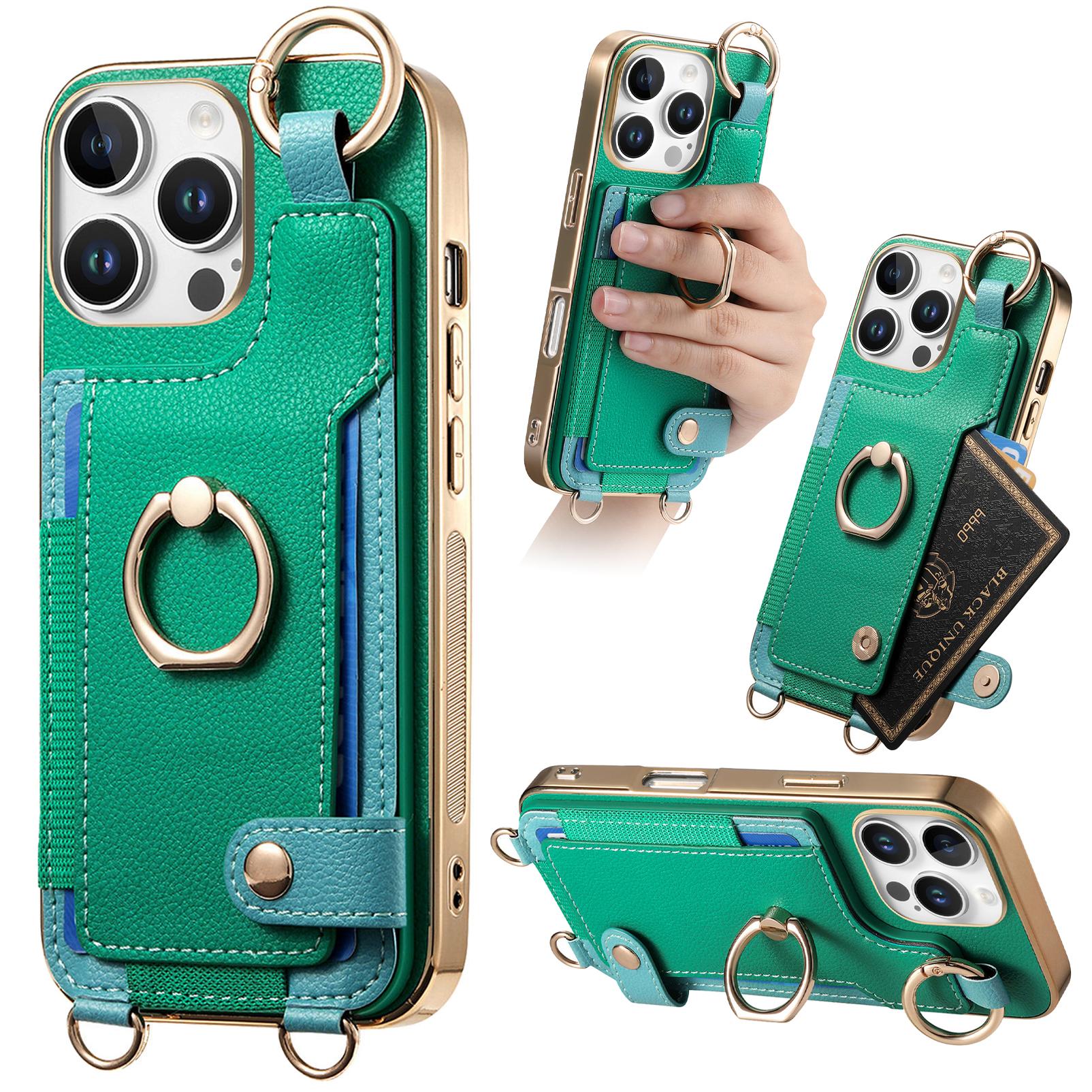 

For iPhone 16 Pro Max Case Leather+TPU Phone Cover with Card Slots Kickstand and Lanyard Green