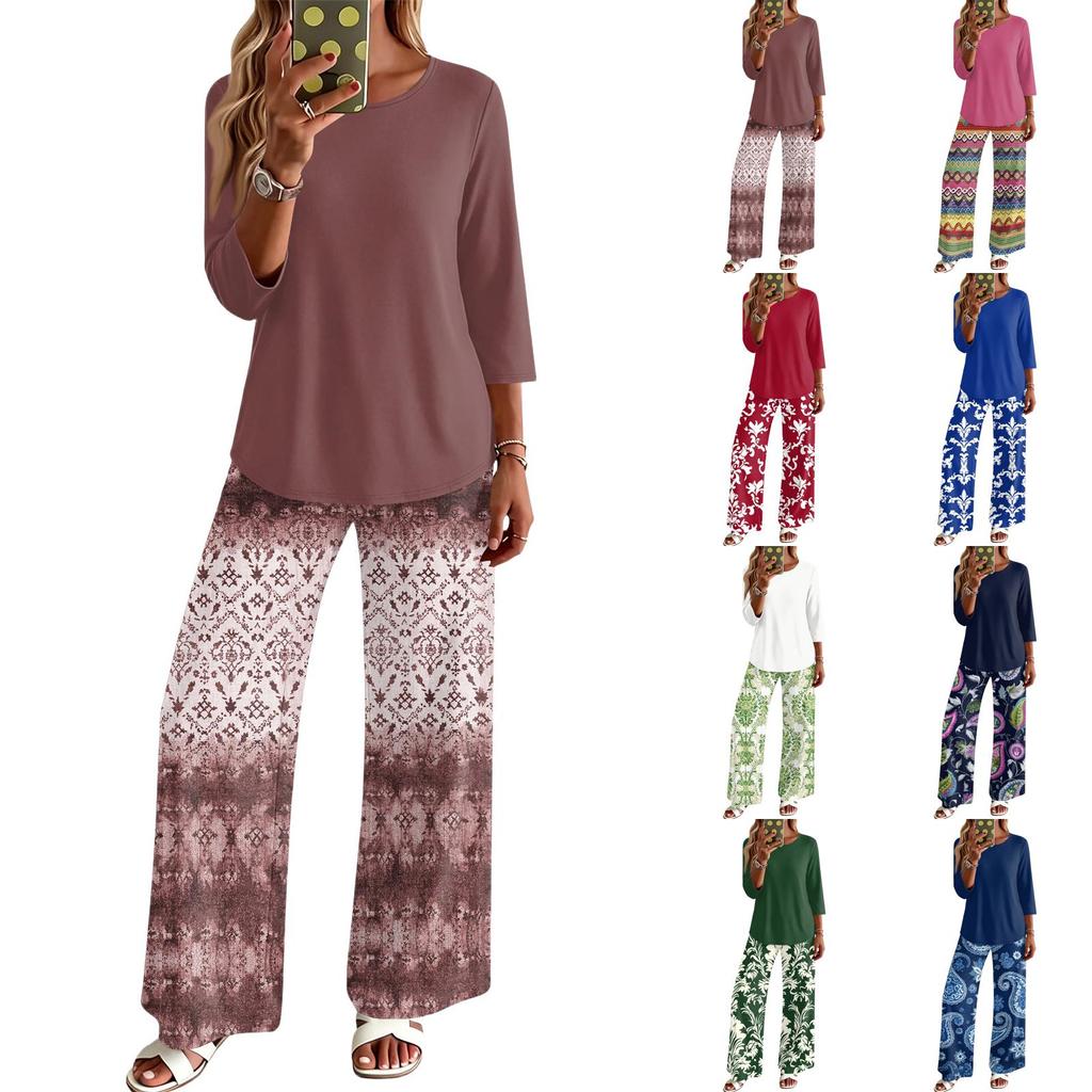 Women's Casual Loose Fit Two Piece Set Round Neck Three Quarter Sleeve Top and Wide Leg Printed Pants Lounge Outfit