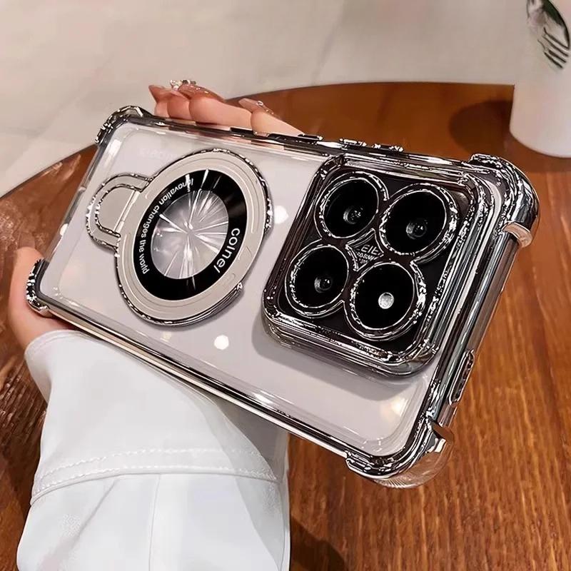 Plating Magnetic Holder Airbag Silicone Transparent Case For Xiaomi 15T Pro 14 13 T Ultra Camera Protect Shockproof Cover