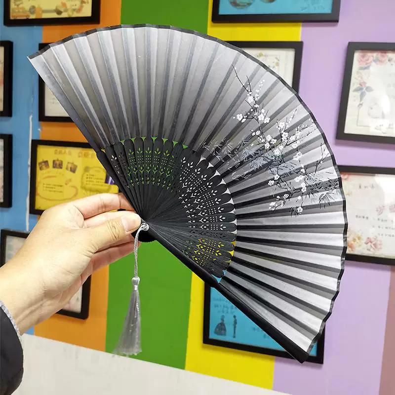Chinese Style Folding Fan for Men, Portable, Retro Style, Classical, Traditional Hanfu, Black and Green, Bamboo Design