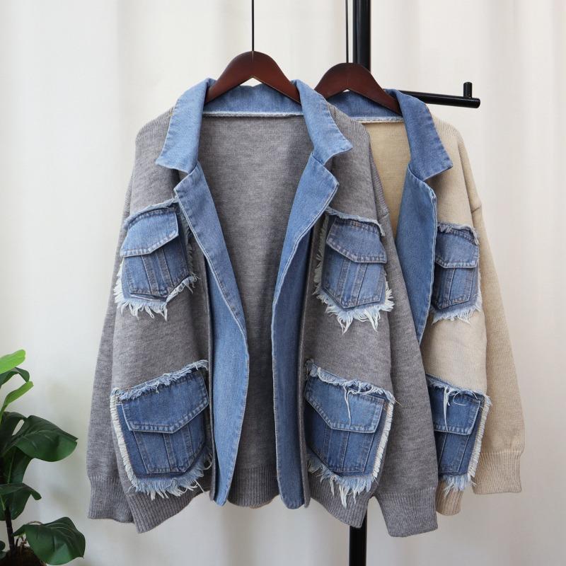 Autumn and Winter New Denim Splicing Sweater Jacket Women's Design Sense Loose Casual Versatile Knitted Cardigan