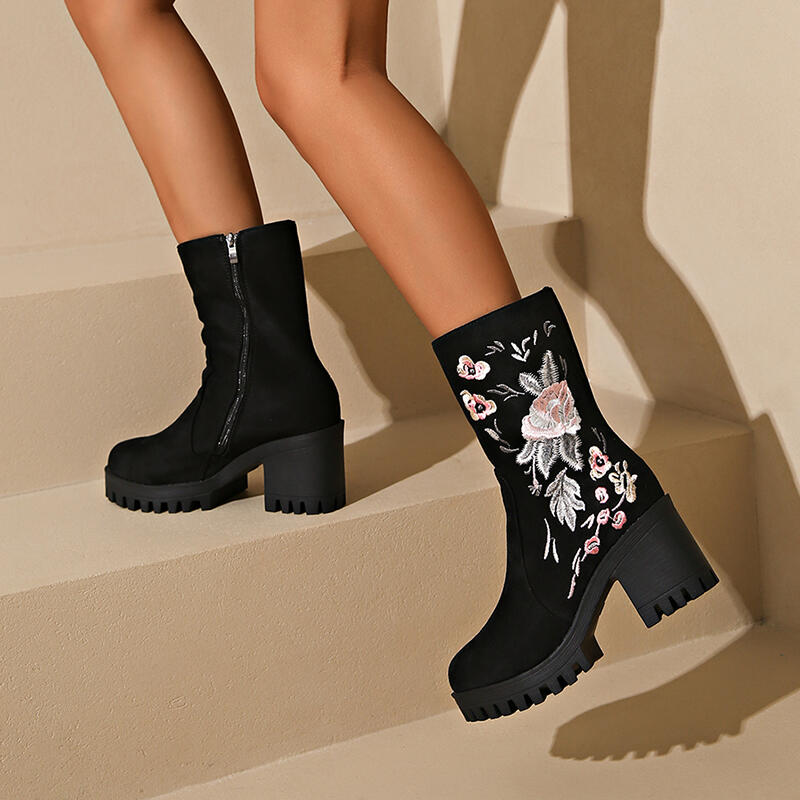 Fashion Luxury Embroidery Black Suede Ankle Boots Women 2025 Winter Floral Print High Heel Boots Brand Design Dress Shoes for Woman