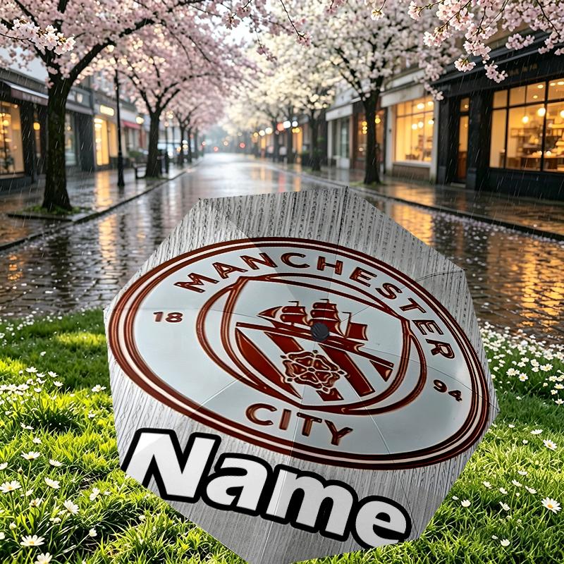 Custom Name Personalized Manchester City FC Print Umbrella, Auto Open Close, 8‑Rib Sturdy Frame, Commute Camping Hiking Use, Birthday Gift