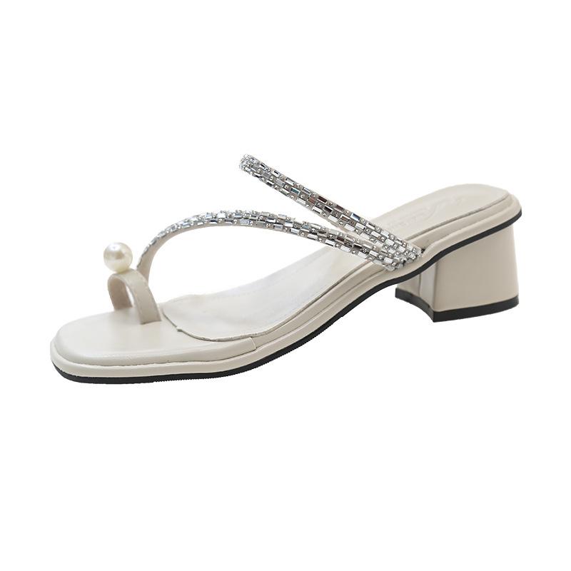 

Сказочный ветер толстый каблук открытый носок жемчуг стразы крутые тапочки женская обувь 2025 лето новый средний каблук крутые тапочки женские 35