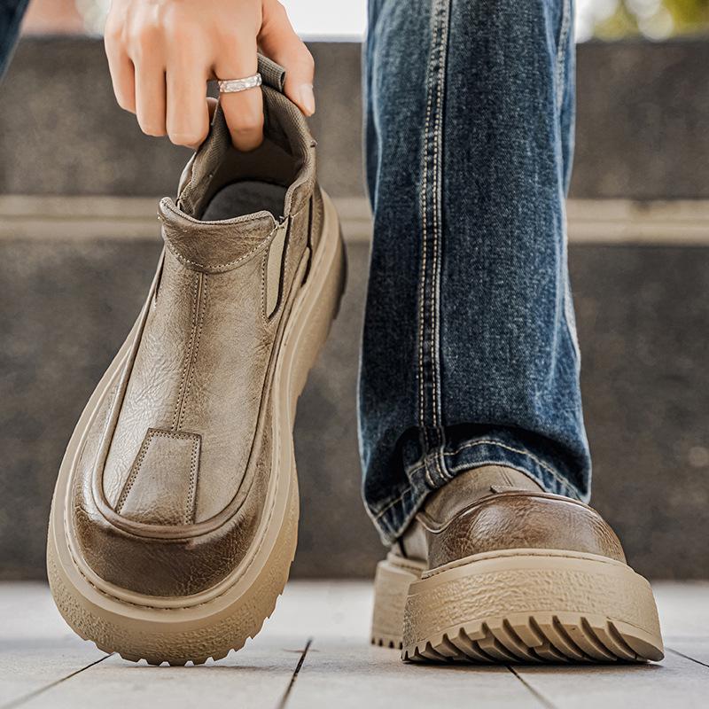 Men's Slip-On Retro Leather Casual Shoes Thick Sole Fashion Ankle Boots Comfortable Daily Wear Footwear