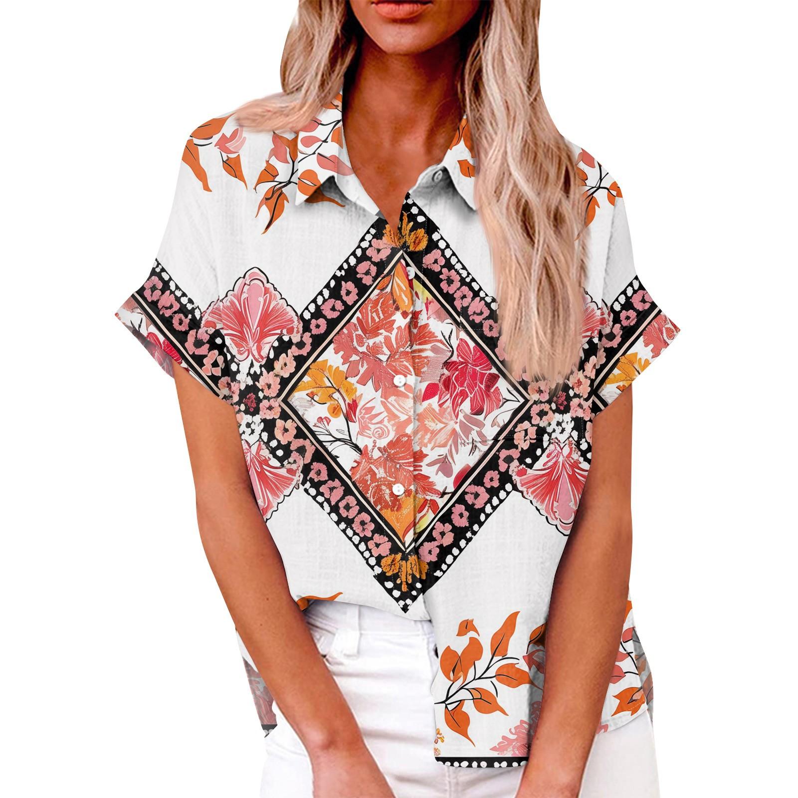 

Жіноча модна вільна повсякденна сорочка з короткими рукавами і ґудзиками, футболка з принтом XL