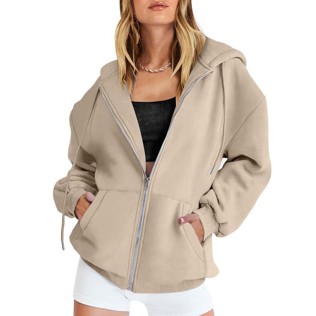 Women's Fashion Casual Solid Color Sweatshirt Autumn/Winter Long Sleeve Pocket Cardigan Jacket Zipper Hoodie Coat