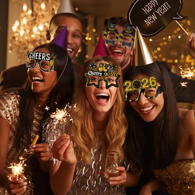 2026 Happy New Year Photo Booth Frame Props Fun Paper Glasses Black Gold Latex Balloons New Years Eve Party Decoration Supplies