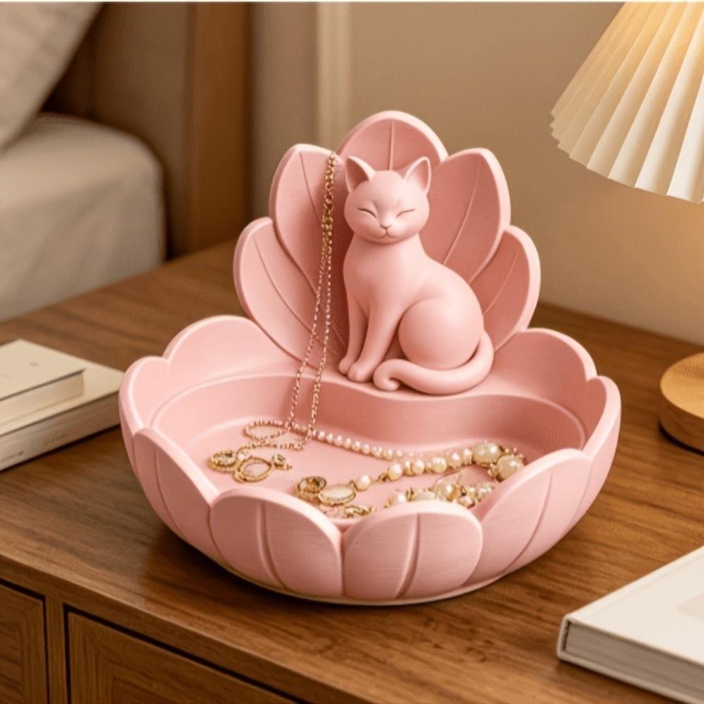 Lotus Shape Jewelry Storage Tray Cute Cat Figurine Holder New Trinket Dish  Vanity Table Decor