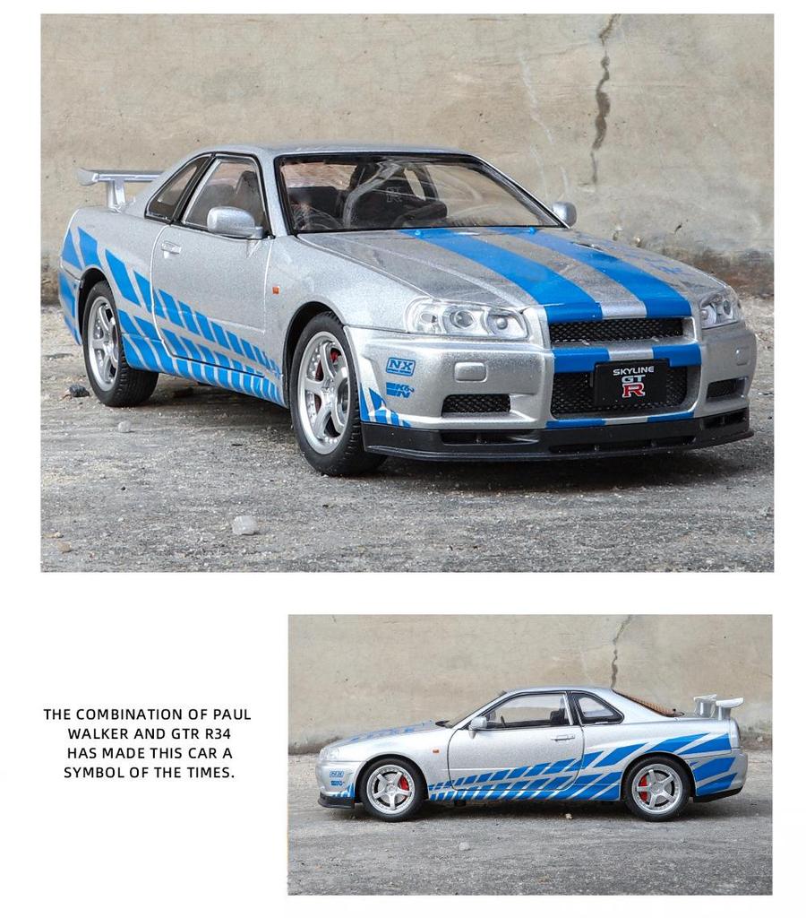 1:24 Alloy GTR R34 Model Car Toy with Sound, Light, Openable Doors, Four-Wheel Steering, and Pull-Back Action
