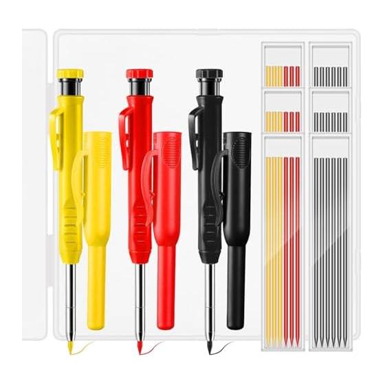 BetterJonny Carpenter Pencils 3-Pack, Construction Mechanical Pencils with 36 Refills (3 Colors), 2.8mm Lead, Built-in Sharpener, 3 Protective