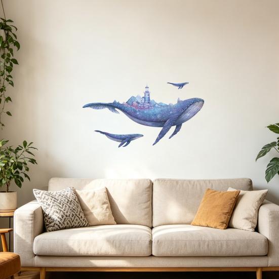 Blue Whale Wall Stickers, Waterproof PVC Wall Decals with Lighthouse And Stars, Peel And Stick Removable Marine Life Decals for Living