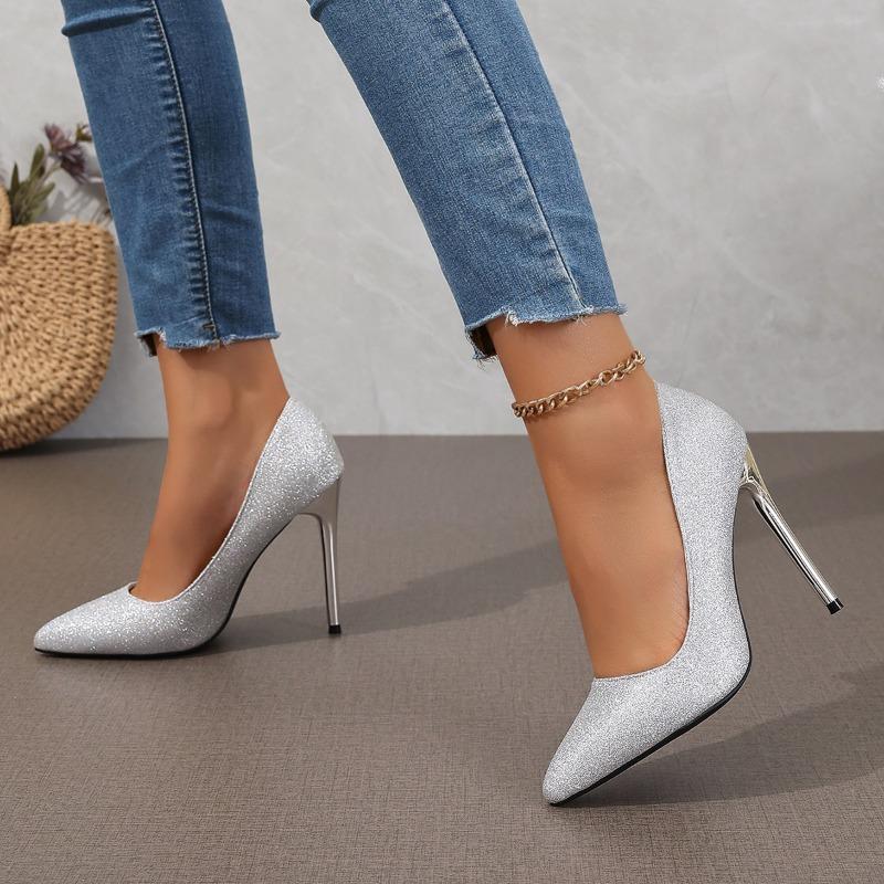 2024 Spring New High-heeled Shoes Women's Fine-heeled Black Sexy Versatile French Style Net Red Sparkling Single Shoes