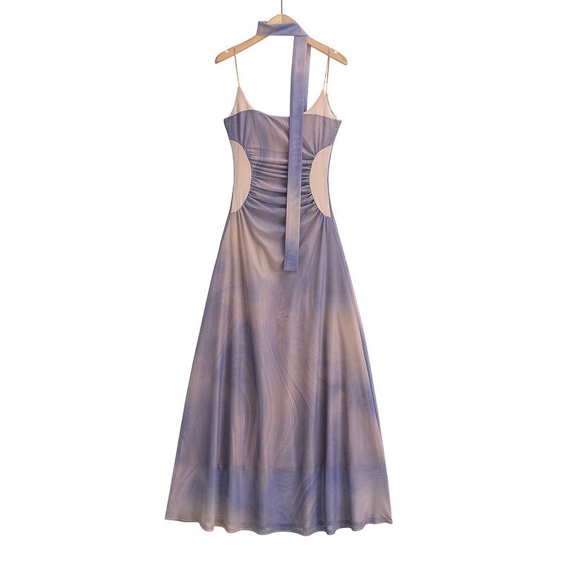 French Elegant Color Block Pleated Off-Shoulder Slip Dress for Women - 2025 Vacation Style