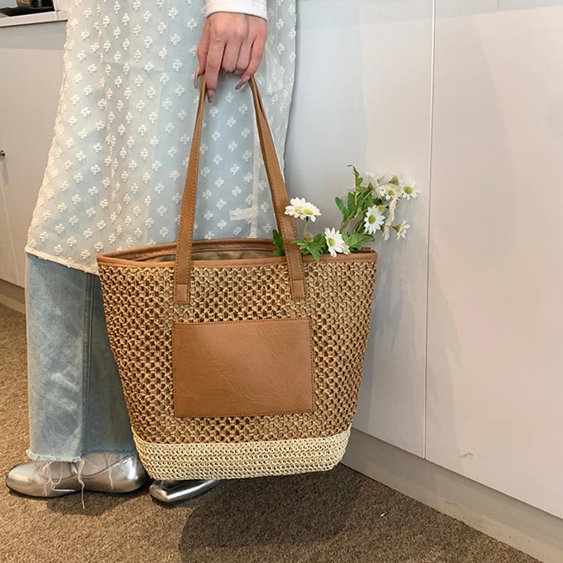 Women Crochet Beach Handbag PU Patchwork Weaving Travel Bag Contrast Color Simple Shoulder Bag Ladies Summer Daily Bag