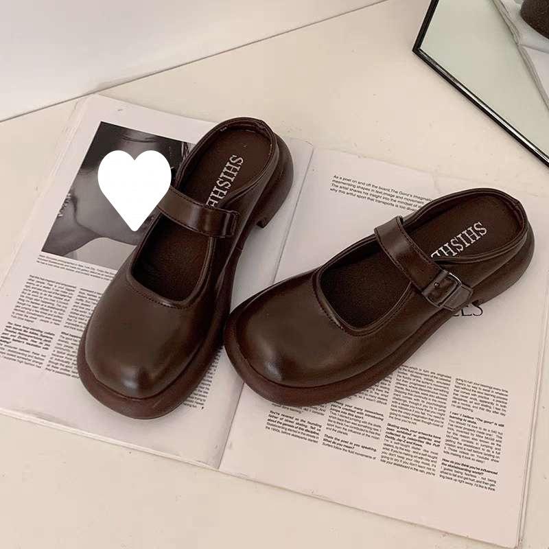 Flat-bottomed Bag Head Slippers, Thickened Summer Wear 2025 New Half-tray Single Shoes, British Style Shoes, Spring and Autumn