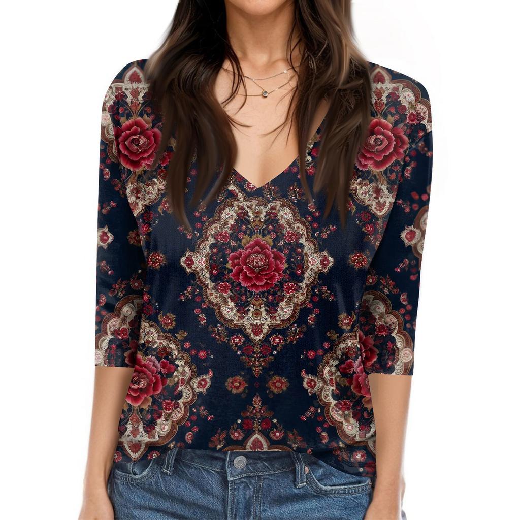 Tricou de damă cu imprimeu, mânecă 3/4, pentru zi de zi, weekend, modă, de bază, cu gât în V, top normal